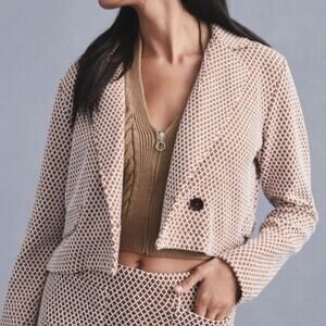 ANTHROPOLOGIE Maeve Brown/White Geo Print Crop Knit Blazer Size Small fall